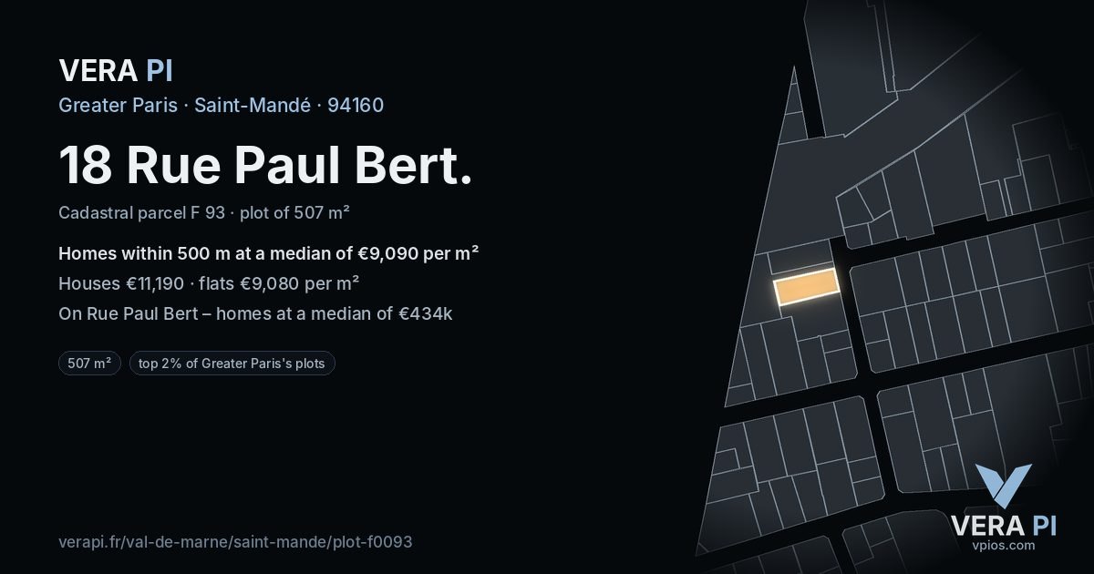 18 Rue Paul Bert, Saint-Mandé at night – the plot lit, the parcels around coloured by the prices near them