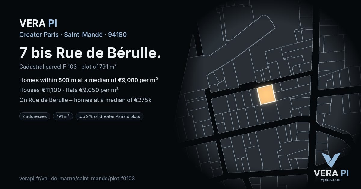 7 bis Rue de Bérulle, Saint-Mandé at night – the plot lit, the parcels around coloured by the prices near them