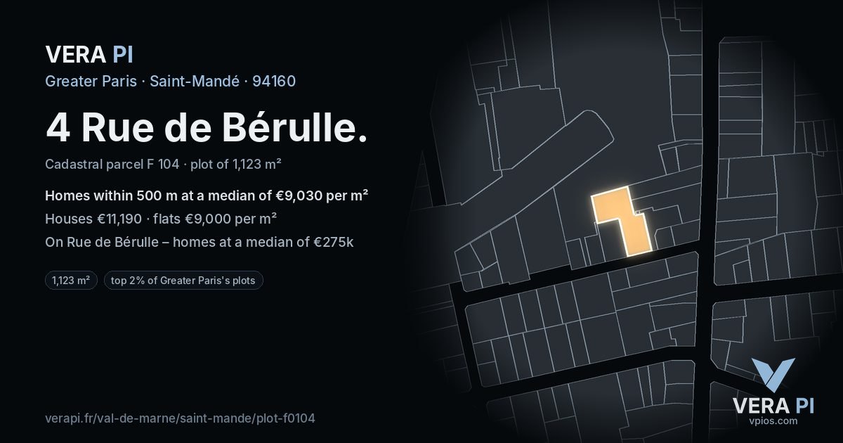 4 Rue de Bérulle, Saint-Mandé at night – the plot lit, the parcels around coloured by the prices near them
