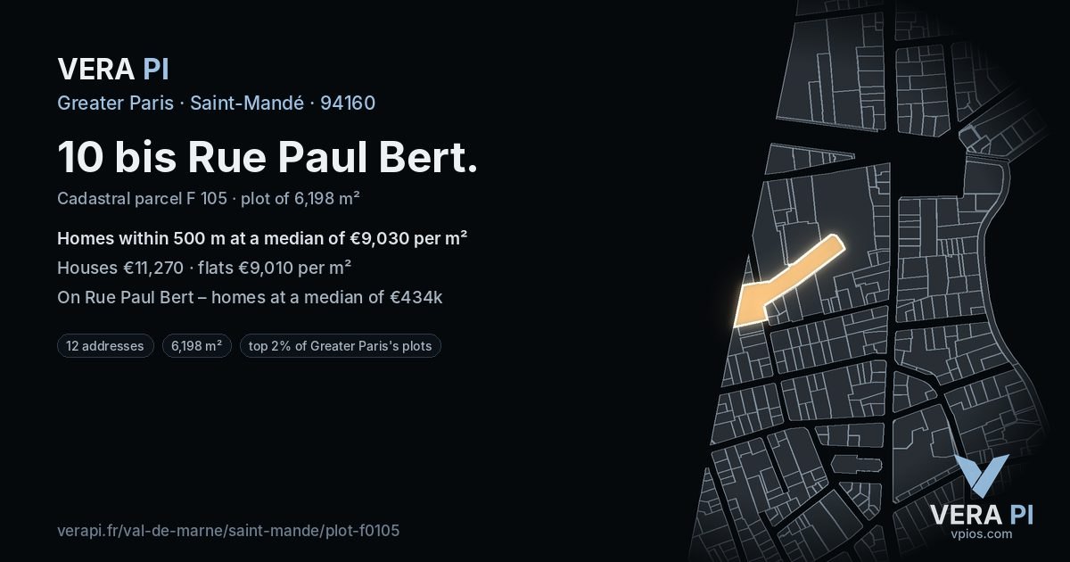 10 bis Rue Paul Bert, Saint-Mandé at night – the plot lit, the parcels around coloured by the prices near them