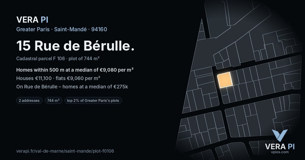 15 Rue de Bérulle, Saint-Mandé at night – the plot lit, the parcels around coloured by the prices near them