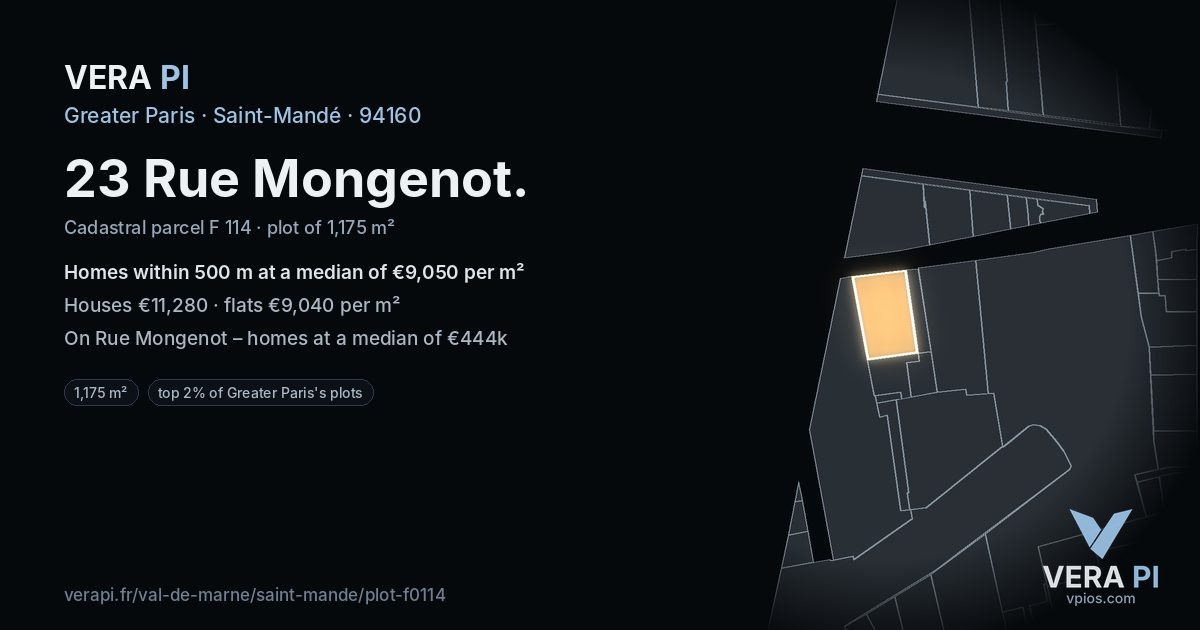 23 Rue Mongenot, Saint-Mandé at night – the plot lit, the parcels around coloured by the prices near them