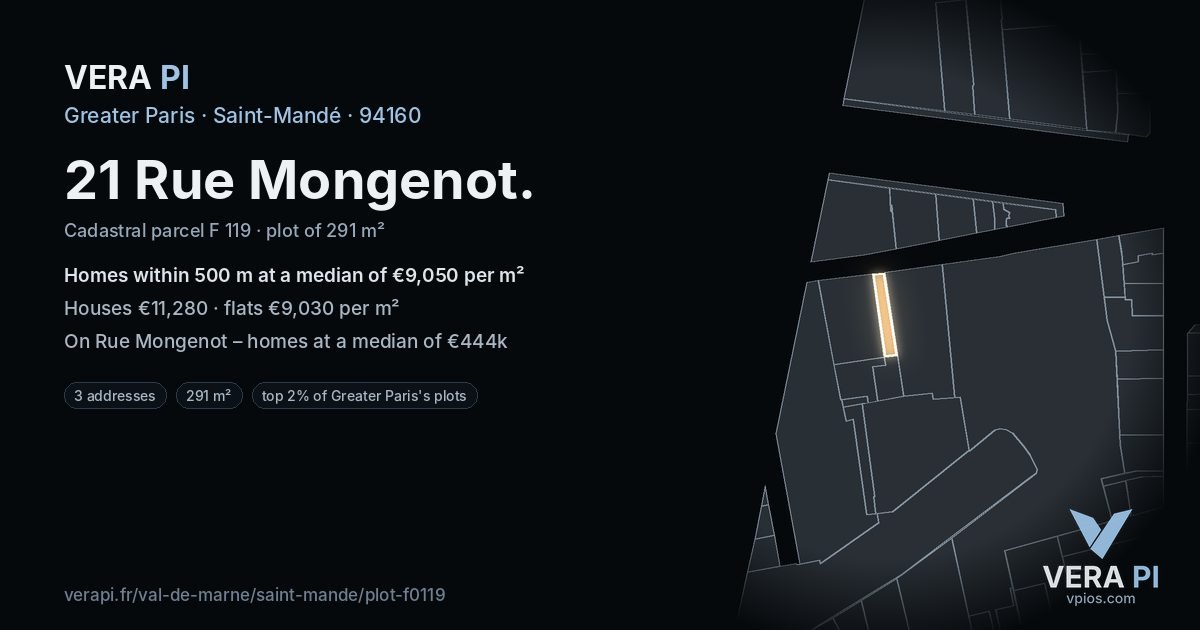 21 Rue Mongenot, Saint-Mandé at night – the plot lit, the parcels around coloured by the prices near them