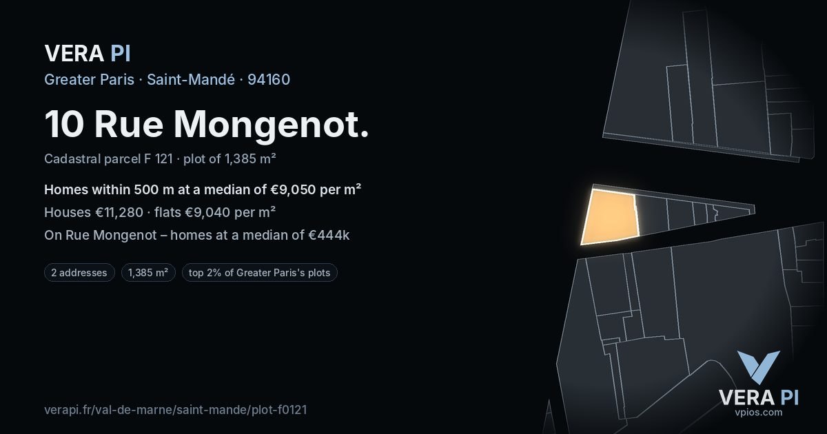 10 Rue Mongenot, Saint-Mandé at night – the plot lit, the parcels around coloured by the prices near them