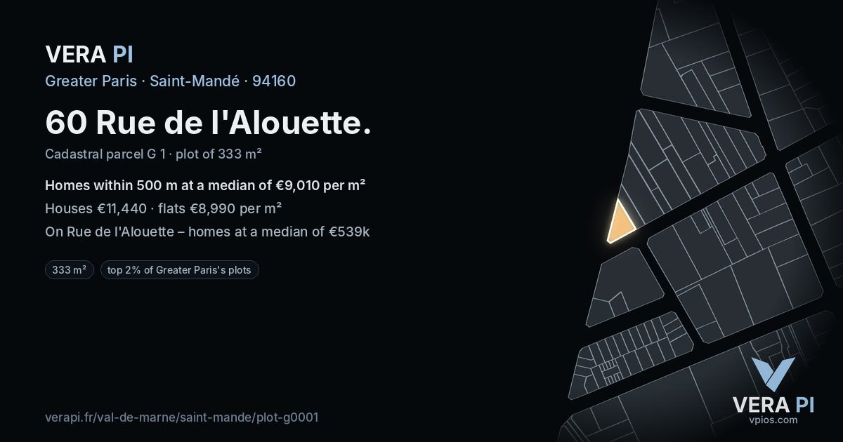 60 Rue de l'Alouette, Saint-Mandé at night – the plot lit, the parcels around coloured by the prices near them