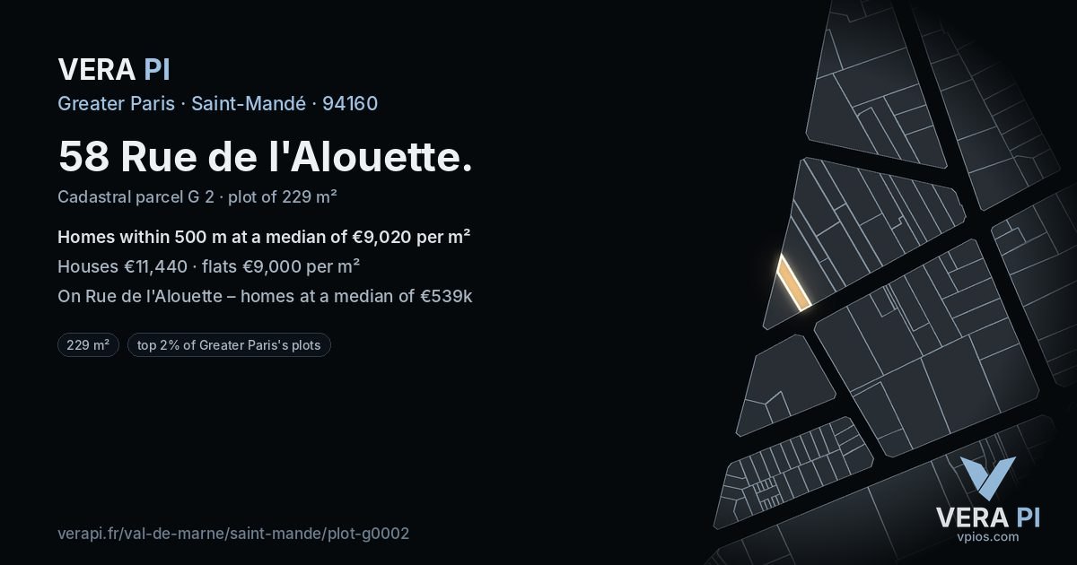 58 Rue de l'Alouette, Saint-Mandé at night – the plot lit, the parcels around coloured by the prices near them