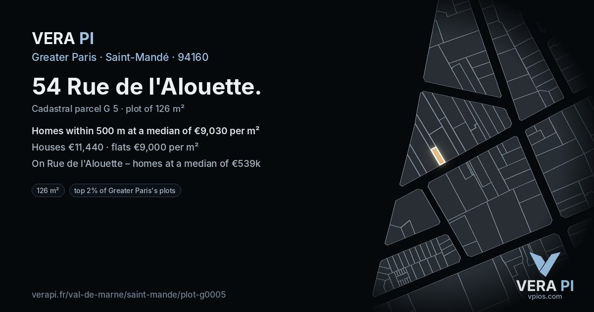 54 Rue de l'Alouette, Saint-Mandé at night – the plot lit, the parcels around coloured by the prices near them