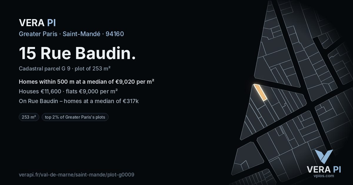 15 Rue Baudin, Saint-Mandé at night – the plot lit, the parcels around coloured by the prices near them