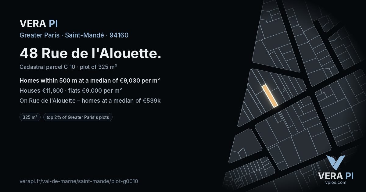 48 Rue de l'Alouette, Saint-Mandé at night – the plot lit, the parcels around coloured by the prices near them
