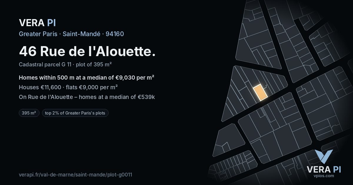 46 Rue de l'Alouette, Saint-Mandé at night – the plot lit, the parcels around coloured by the prices near them