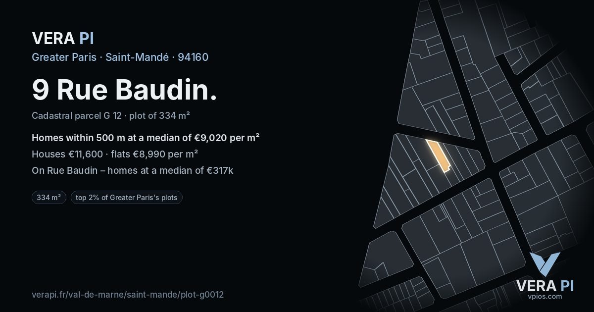 9 Rue Baudin, Saint-Mandé at night – the plot lit, the parcels around coloured by the prices near them