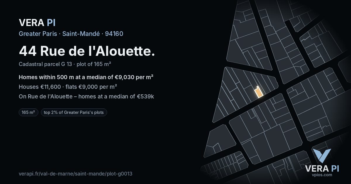 44 Rue de l'Alouette, Saint-Mandé at night – the plot lit, the parcels around coloured by the prices near them