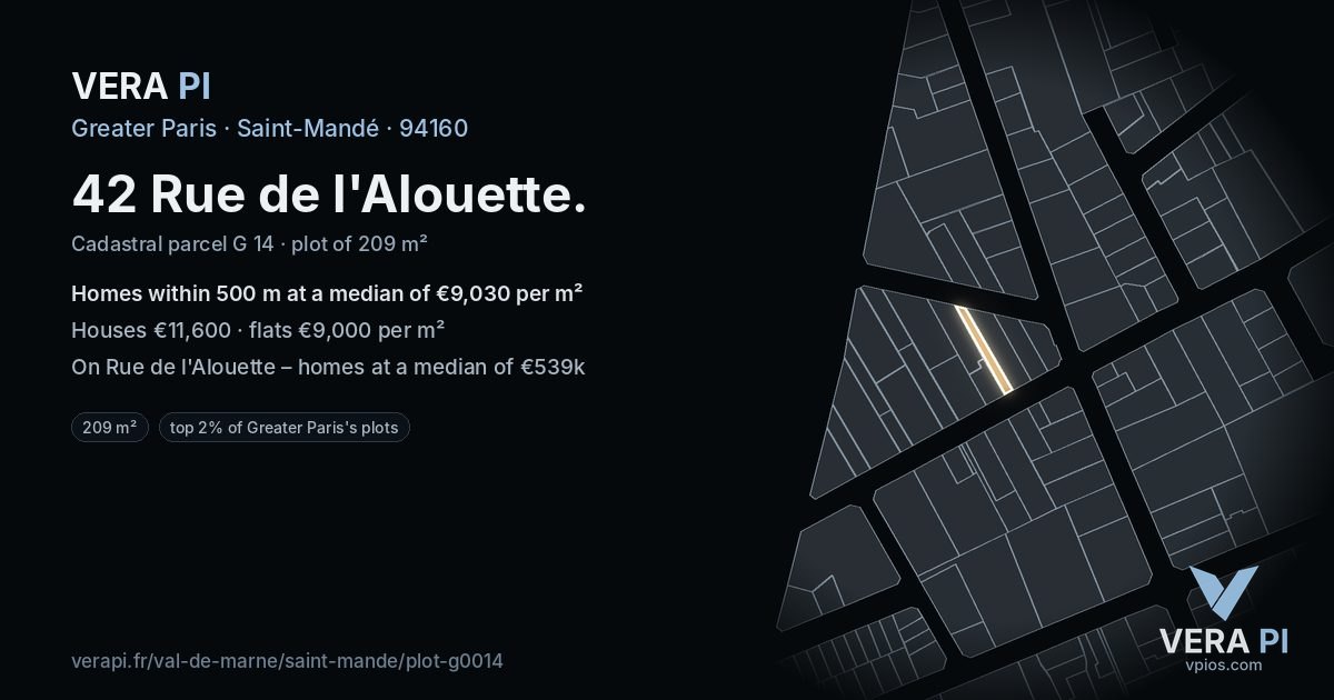 42 Rue de l'Alouette, Saint-Mandé at night – the plot lit, the parcels around coloured by the prices near them