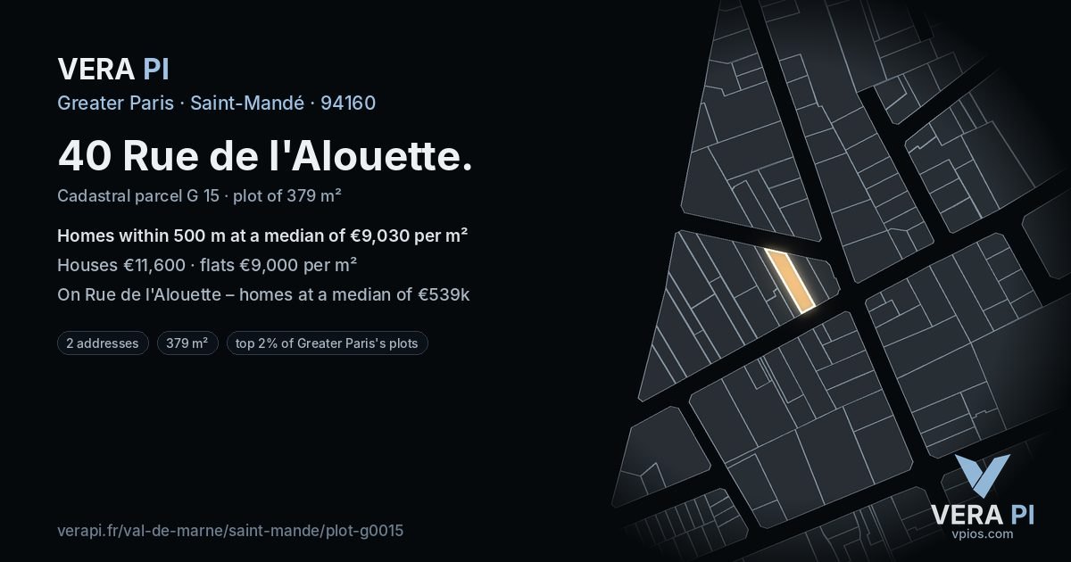 40 Rue de l'Alouette, Saint-Mandé at night – the plot lit, the parcels around coloured by the prices near them