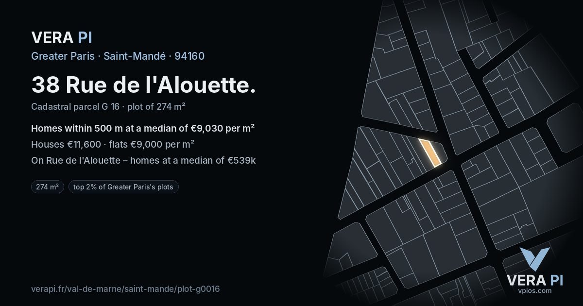 38 Rue de l'Alouette, Saint-Mandé at night – the plot lit, the parcels around coloured by the prices near them