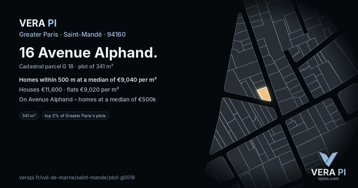 16 Avenue Alphand, Saint-Mandé at night – the plot lit, the parcels around coloured by the prices near them