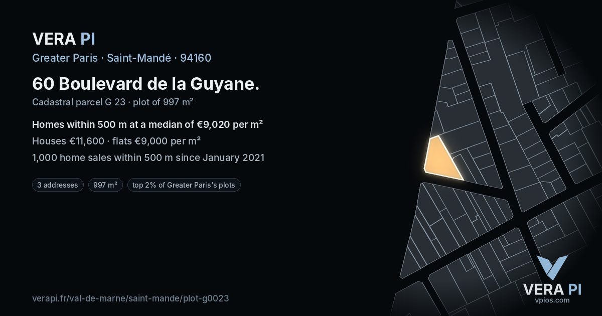 60 Boulevard de la Guyane, Saint-Mandé at night – the plot lit, the parcels around coloured by the prices near them
