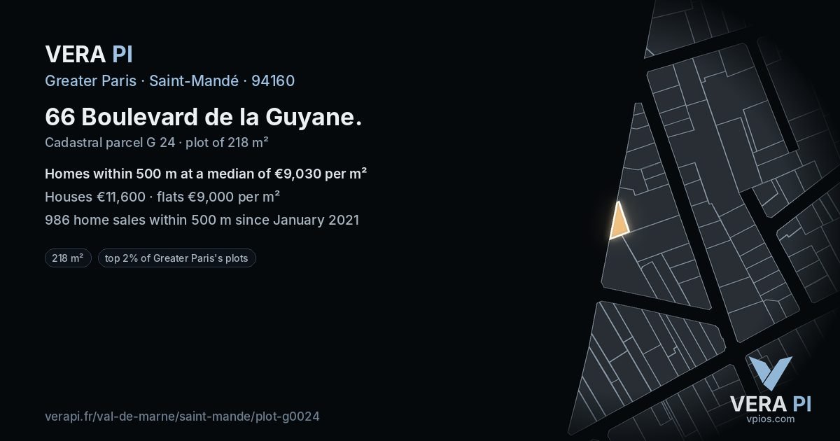 66 Boulevard de la Guyane, Saint-Mandé at night – the plot lit, the parcels around coloured by the prices near them