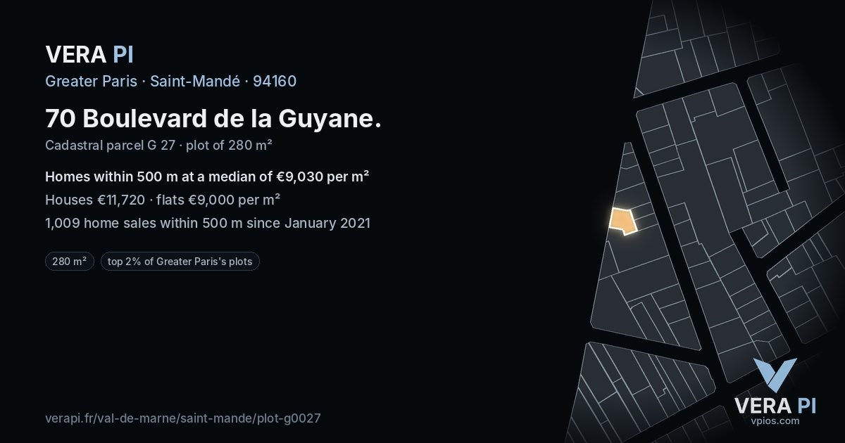 70 Boulevard de la Guyane, Saint-Mandé at night – the plot lit, the parcels around coloured by the prices near them