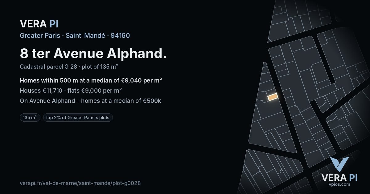 8 ter Avenue Alphand, Saint-Mandé at night – the plot lit, the parcels around coloured by the prices near them