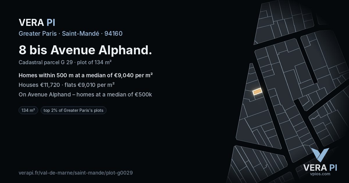 8 bis Avenue Alphand, Saint-Mandé at night – the plot lit, the parcels around coloured by the prices near them