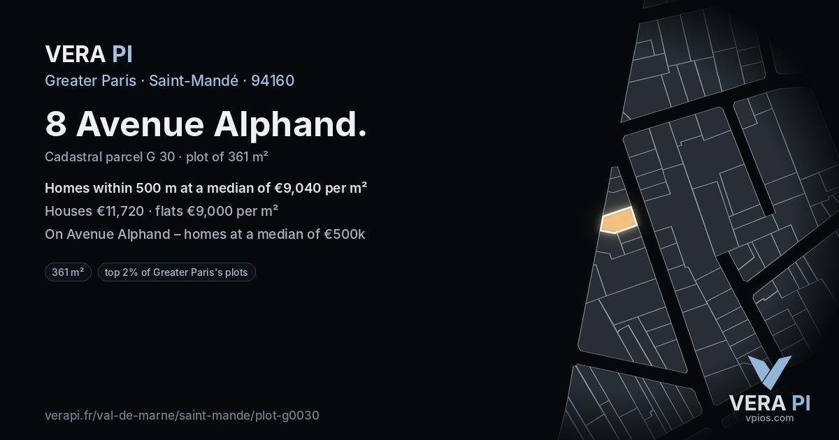 8 Avenue Alphand, Saint-Mandé at night – the plot lit, the parcels around coloured by the prices near them