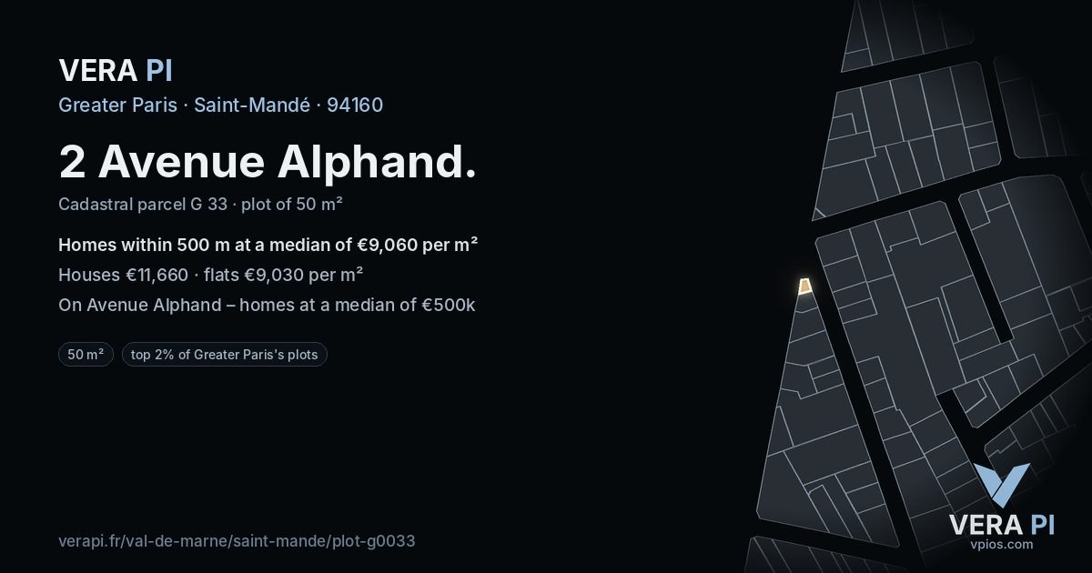 2 Avenue Alphand, Saint-Mandé at night – the plot lit, the parcels around coloured by the prices near them