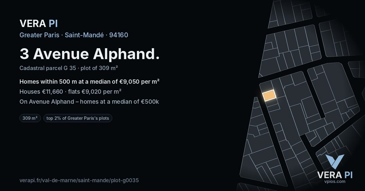 3 Avenue Alphand, Saint-Mandé at night – the plot lit, the parcels around coloured by the prices near them