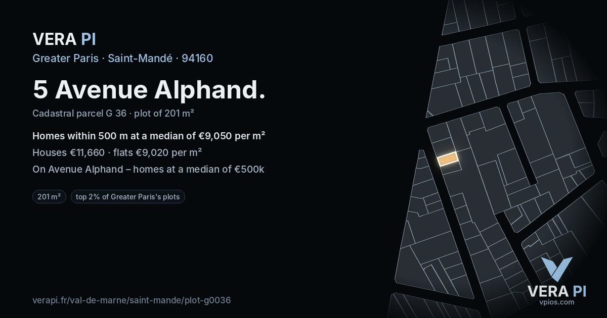 5 Avenue Alphand, Saint-Mandé at night – the plot lit, the parcels around coloured by the prices near them