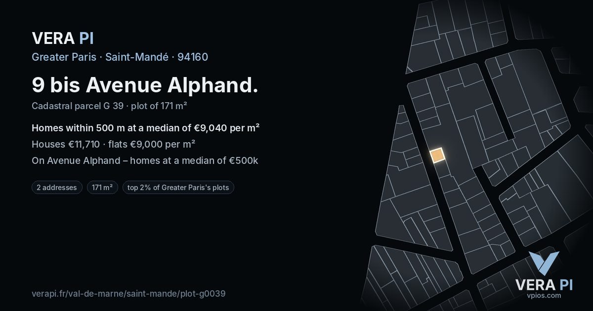 9 bis Avenue Alphand, Saint-Mandé at night – the plot lit, the parcels around coloured by the prices near them