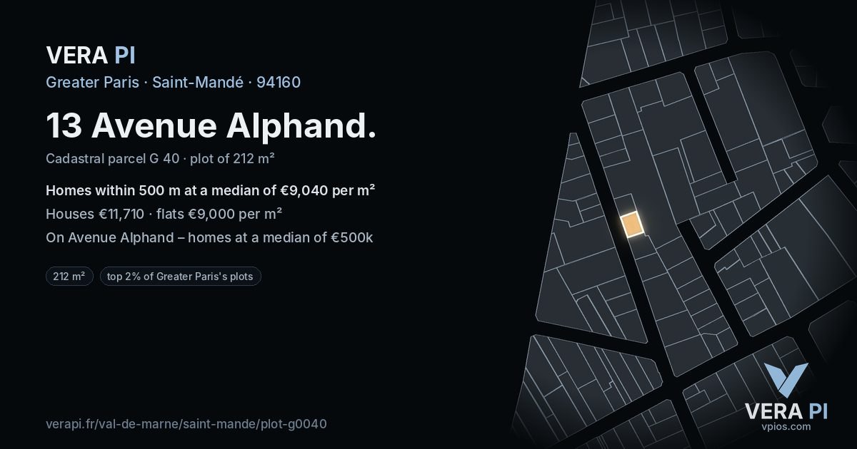 13 Avenue Alphand, Saint-Mandé at night – the plot lit, the parcels around coloured by the prices near them