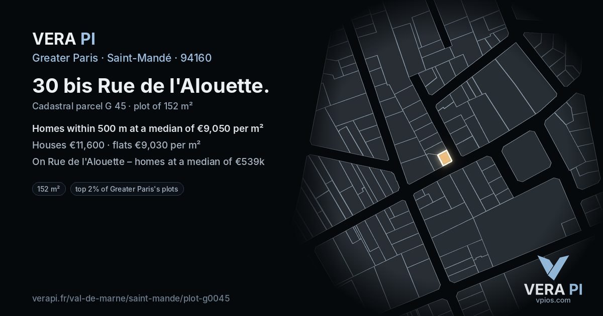 30 bis Rue de l'Alouette, Saint-Mandé at night – the plot lit, the parcels around coloured by the prices near them
