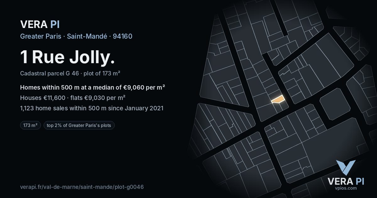 1 Rue Jolly, Saint-Mandé at night – the plot lit, the parcels around coloured by the prices near them