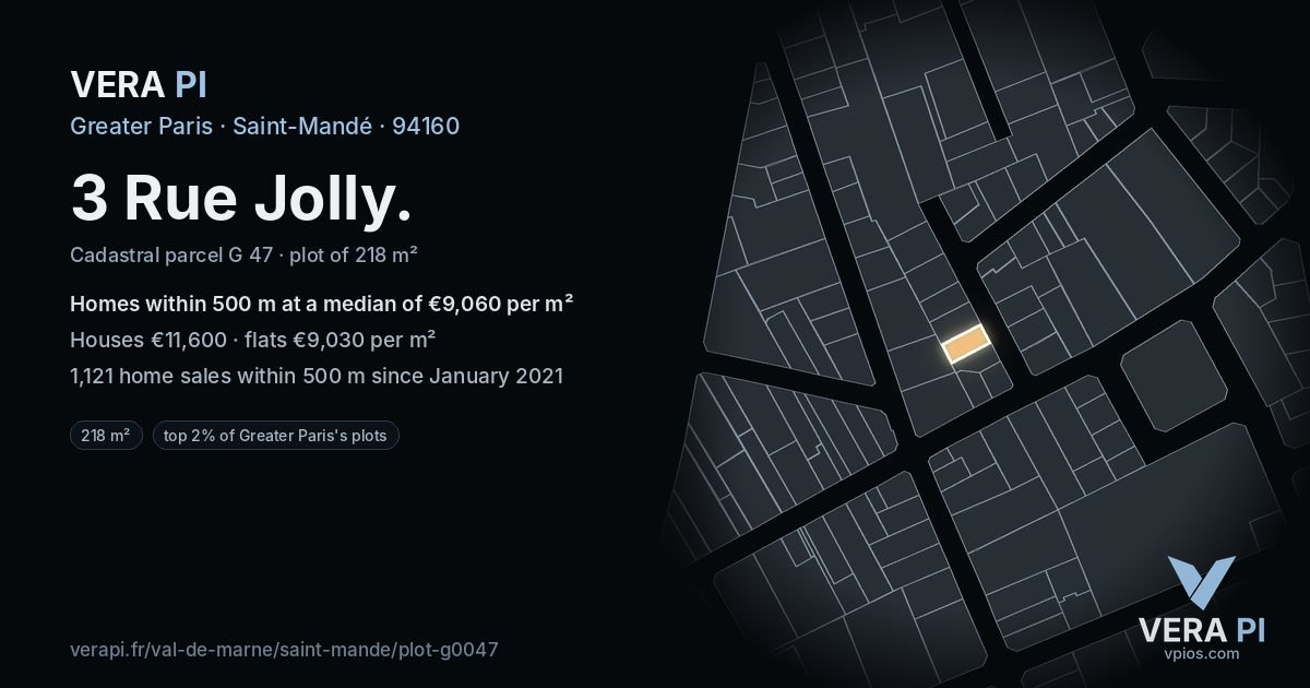 3 Rue Jolly, Saint-Mandé at night – the plot lit, the parcels around coloured by the prices near them