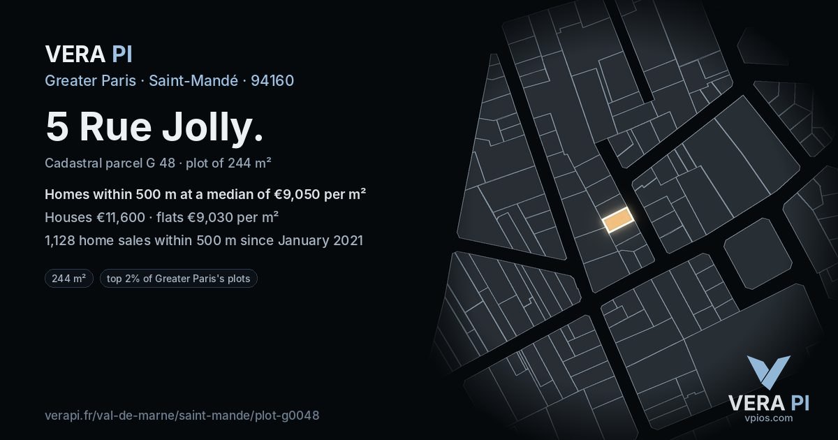 5 Rue Jolly, Saint-Mandé at night – the plot lit, the parcels around coloured by the prices near them