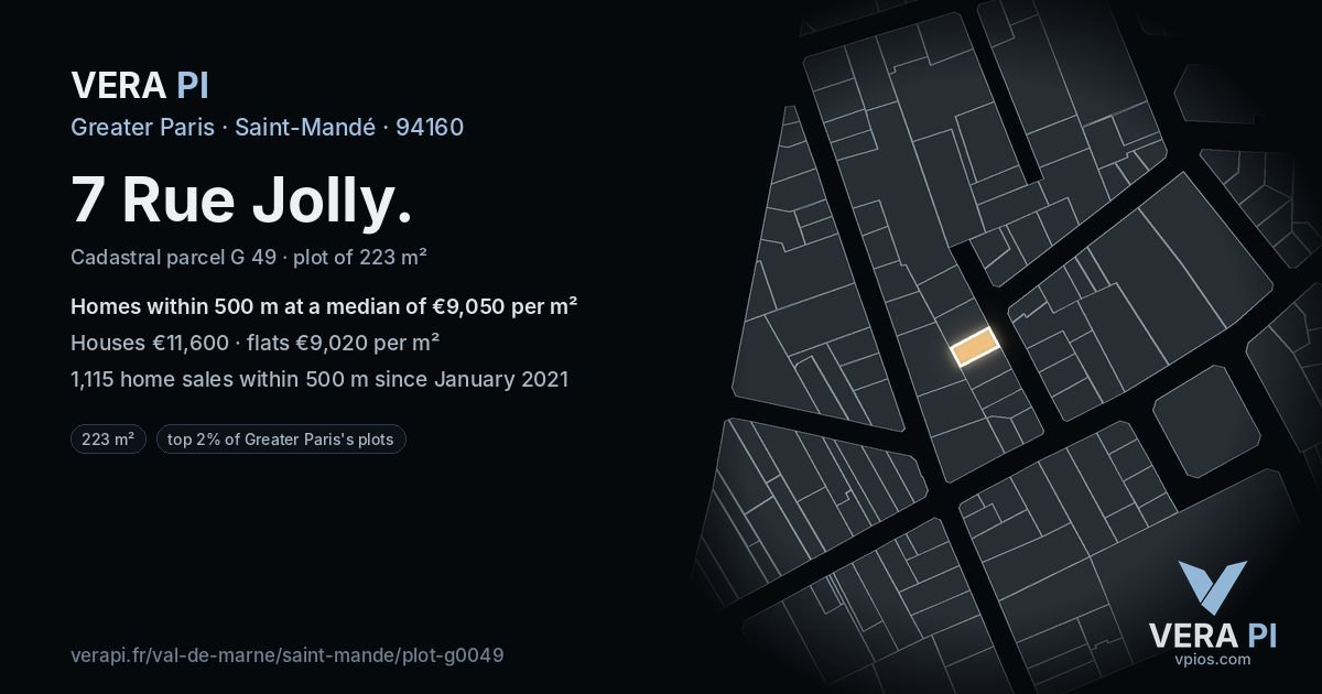7 Rue Jolly, Saint-Mandé at night – the plot lit, the parcels around coloured by the prices near them