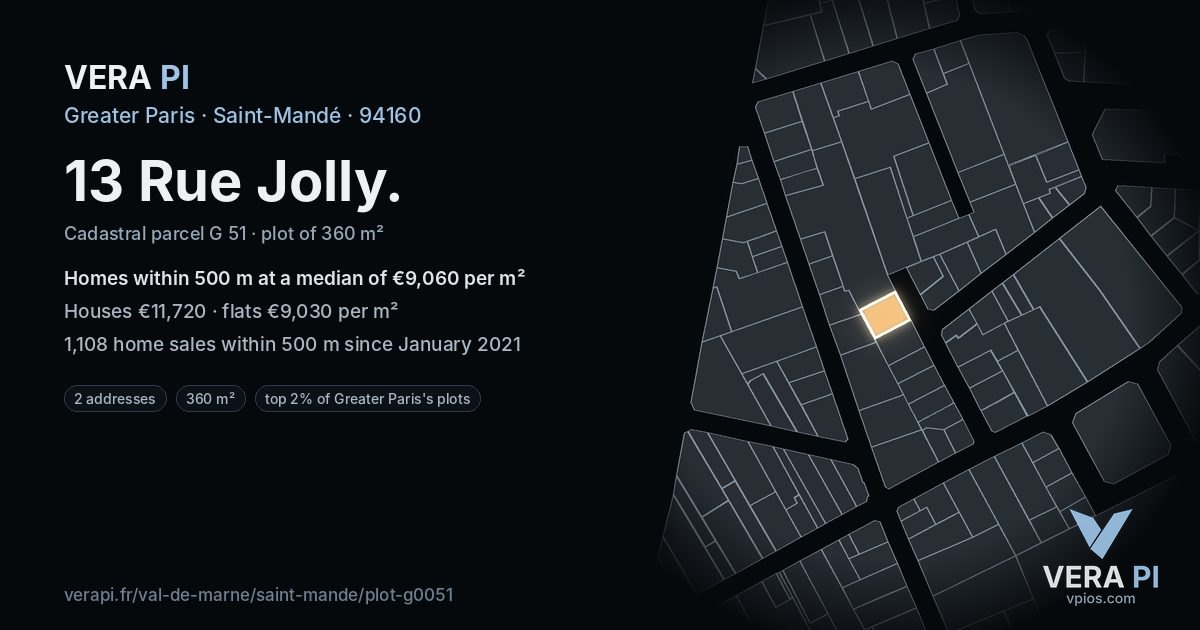 13 Rue Jolly, Saint-Mandé at night – the plot lit, the parcels around coloured by the prices near them