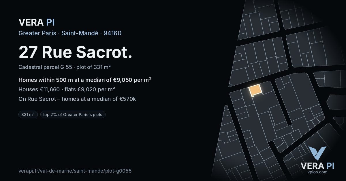 27 Rue Sacrot, Saint-Mandé at night – the plot lit, the parcels around coloured by the prices near them