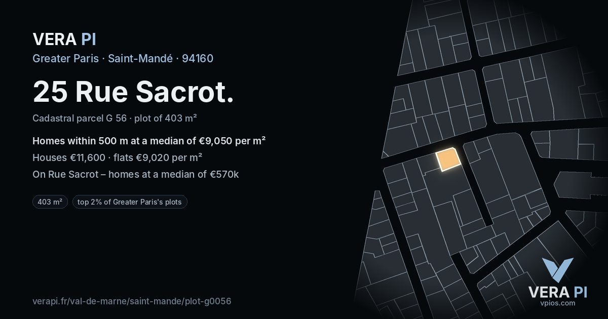 25 Rue Sacrot, Saint-Mandé at night – the plot lit, the parcels around coloured by the prices near them
