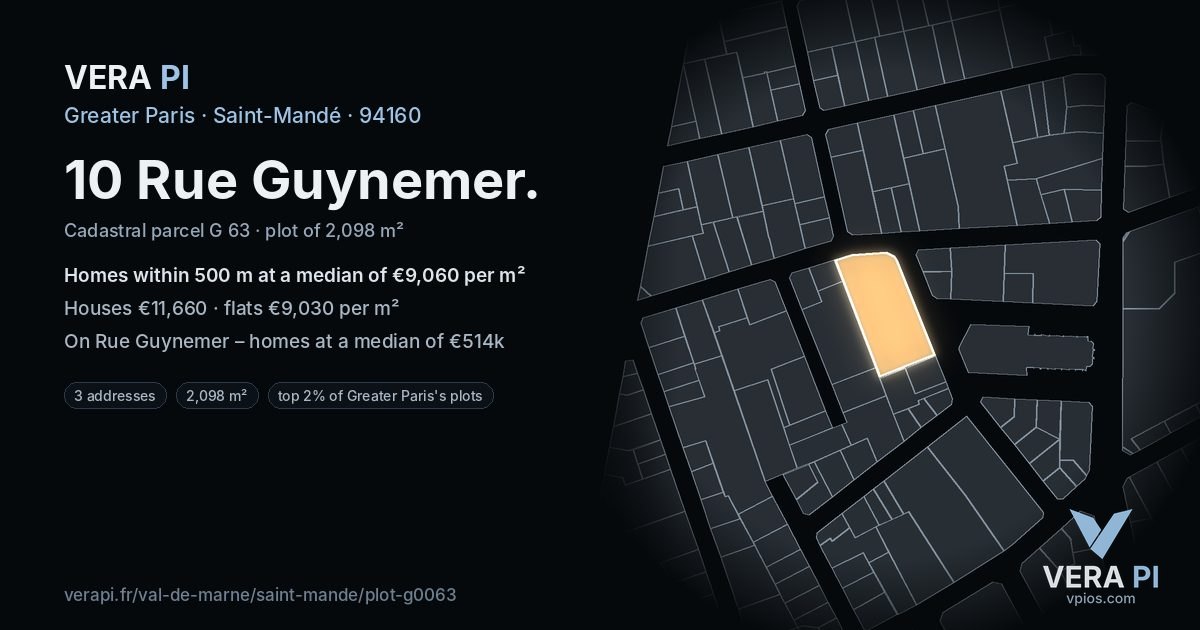 10 Rue Guynemer, Saint-Mandé at night – the plot lit, the parcels around coloured by the prices near them