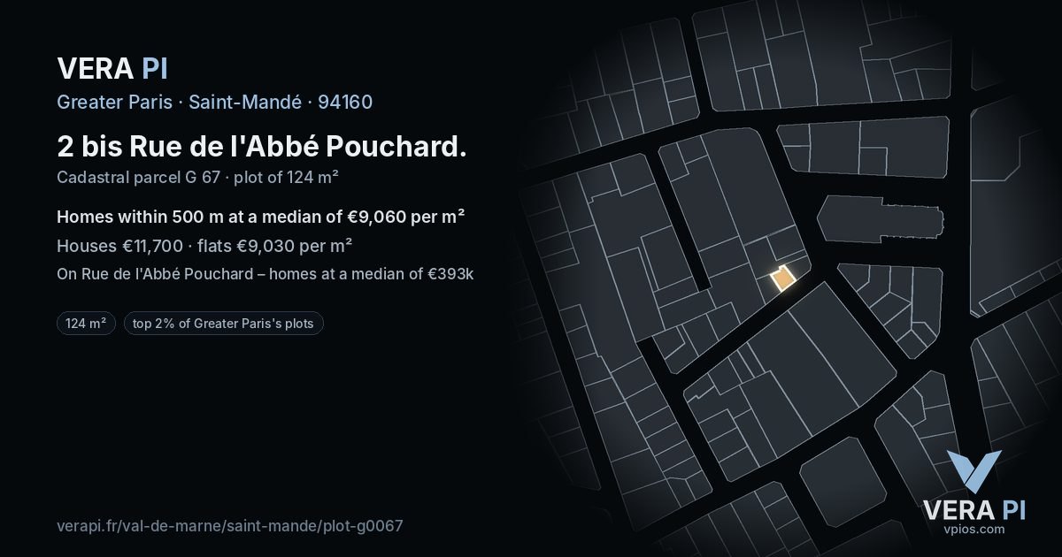 2 bis Rue de l'Abbé Pouchard, Saint-Mandé at night – the plot lit, the parcels around coloured by the prices near them