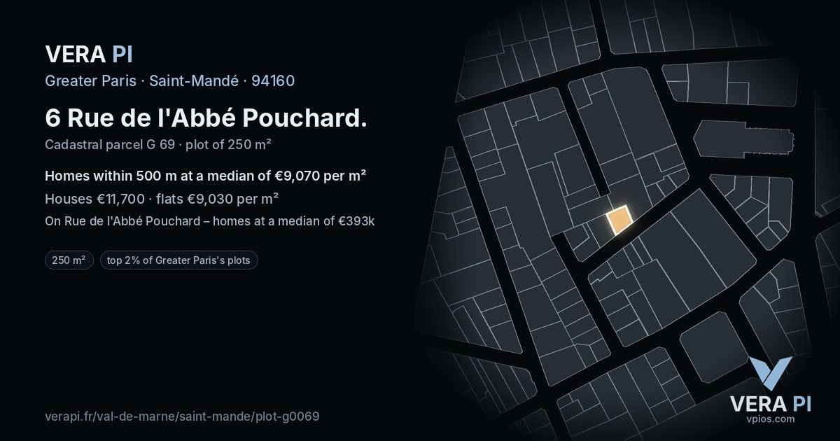 6 Rue de l'Abbé Pouchard, Saint-Mandé at night – the plot lit, the parcels around coloured by the prices near them