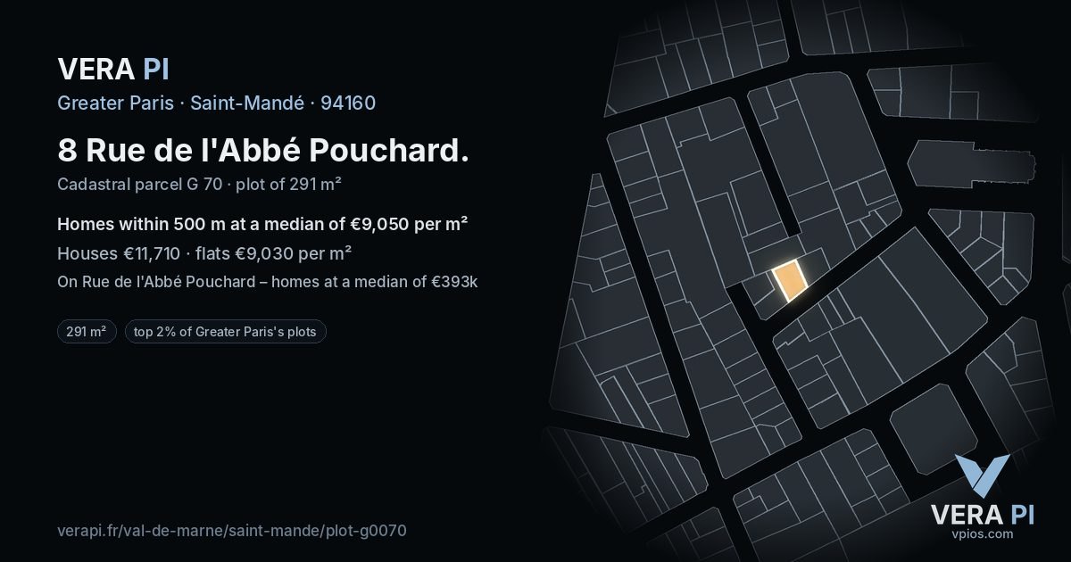 8 Rue de l'Abbé Pouchard, Saint-Mandé at night – the plot lit, the parcels around coloured by the prices near them