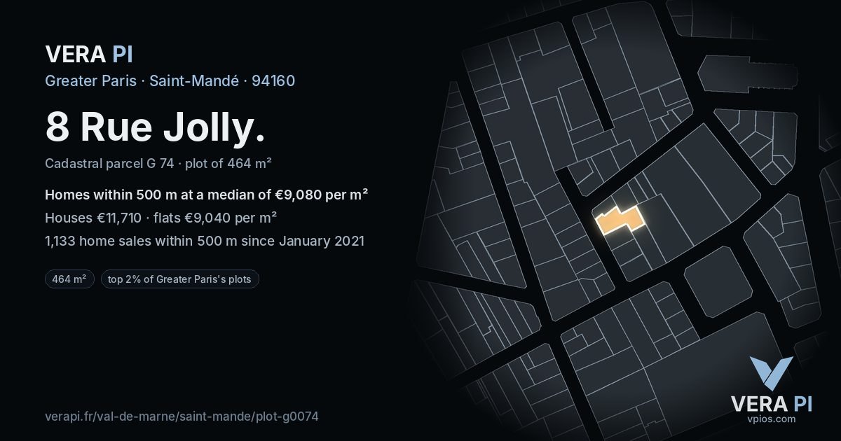 8 Rue Jolly, Saint-Mandé at night – the plot lit, the parcels around coloured by the prices near them