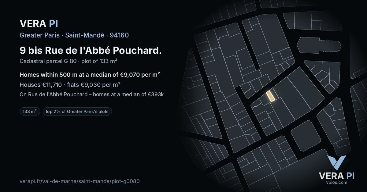 9 bis Rue de l'Abbé Pouchard, Saint-Mandé at night – the plot lit, the parcels around coloured by the prices near them