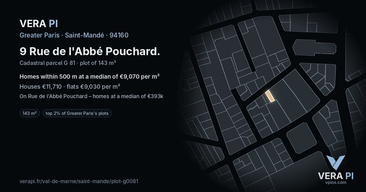 9 Rue de l'Abbé Pouchard, Saint-Mandé at night – the plot lit, the parcels around coloured by the prices near them