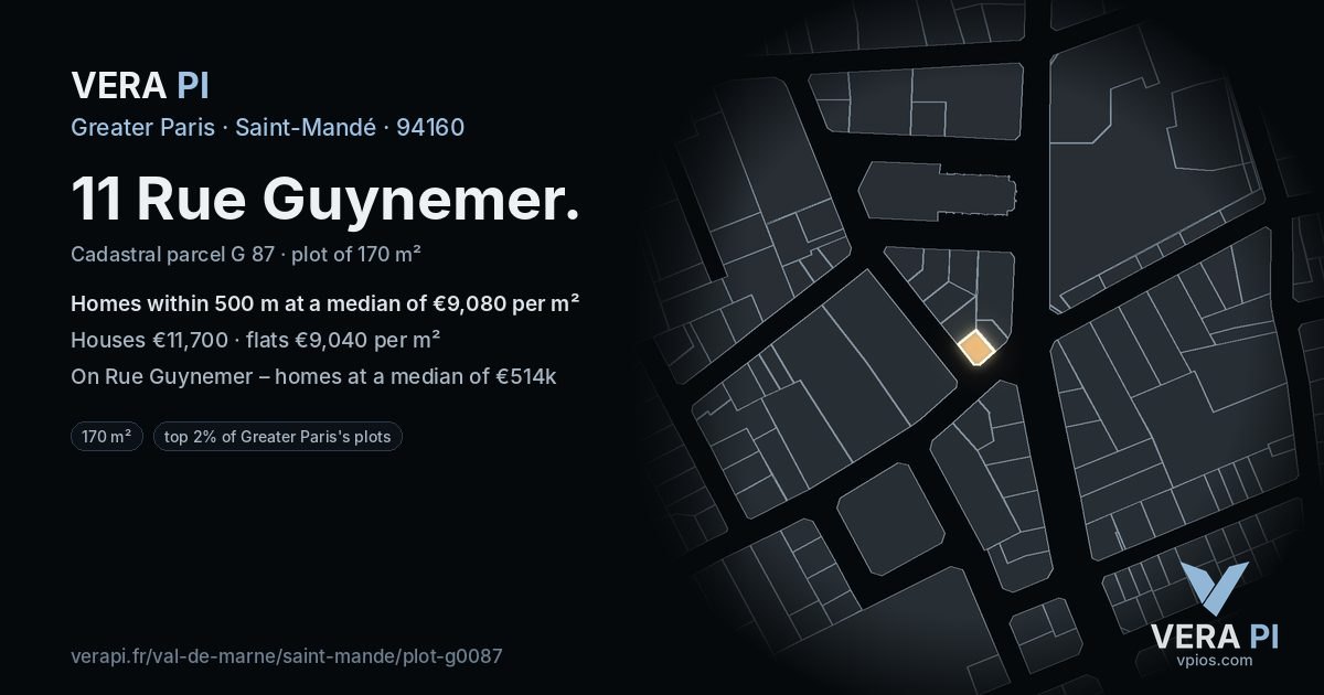 11 Rue Guynemer, Saint-Mandé at night – the plot lit, the parcels around coloured by the prices near them