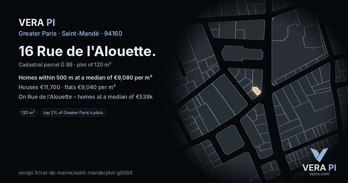 16 Rue de l'Alouette, Saint-Mandé at night – the plot lit, the parcels around coloured by the prices near them
