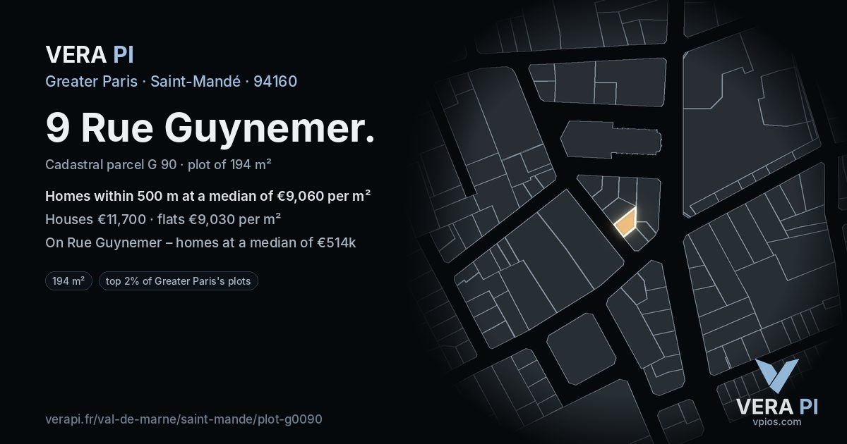 9 Rue Guynemer, Saint-Mandé at night – the plot lit, the parcels around coloured by the prices near them