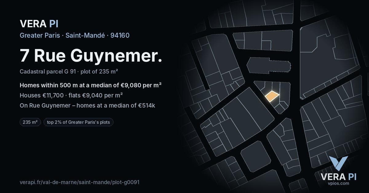 7 Rue Guynemer, Saint-Mandé at night – the plot lit, the parcels around coloured by the prices near them